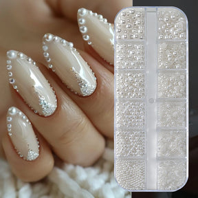 Round White Pearls Nail Beads Nail Charms 12 grids (0.15-0.5cm) Caviar Beads Nail Jewels Half Round Pearl Gems