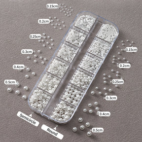 Round White Pearls Nail Beads Nail Charms 12 grids (0.15-0.5cm) Caviar Beads Nail Jewels Half Round Pearl Gems