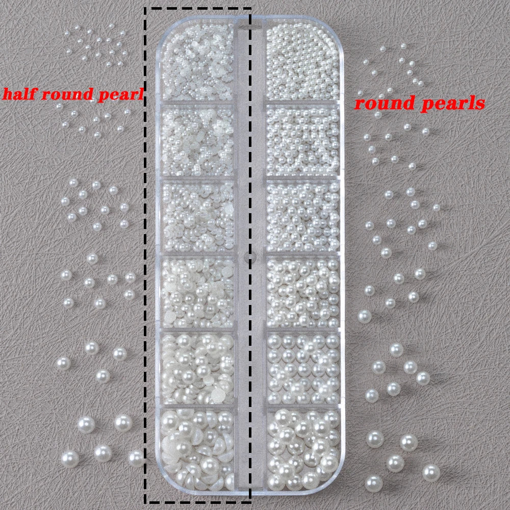 Round White Pearls Nail Beads Nail Charms 12 grids (0.15-0.5cm) Caviar Beads Nail Jewels Half Round Pearl Gems